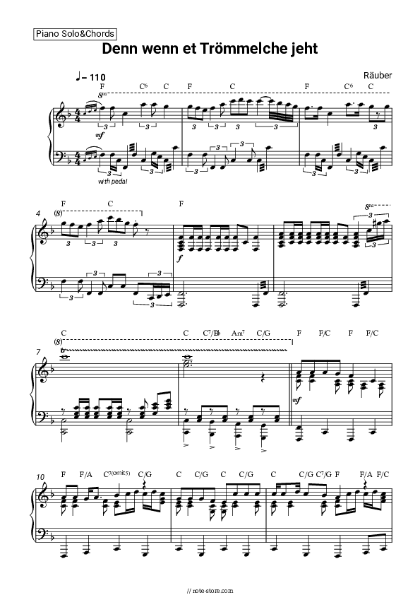 Denn wenn et Trömmelche jeht - Räuber Piano Sheet Music and Chords - Piano.Solo&Chords