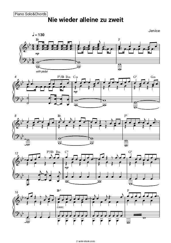 Nie wieder alleine zu zweit - Jenice Piano Sheet Music and Chords - Piano.Solo&Chords