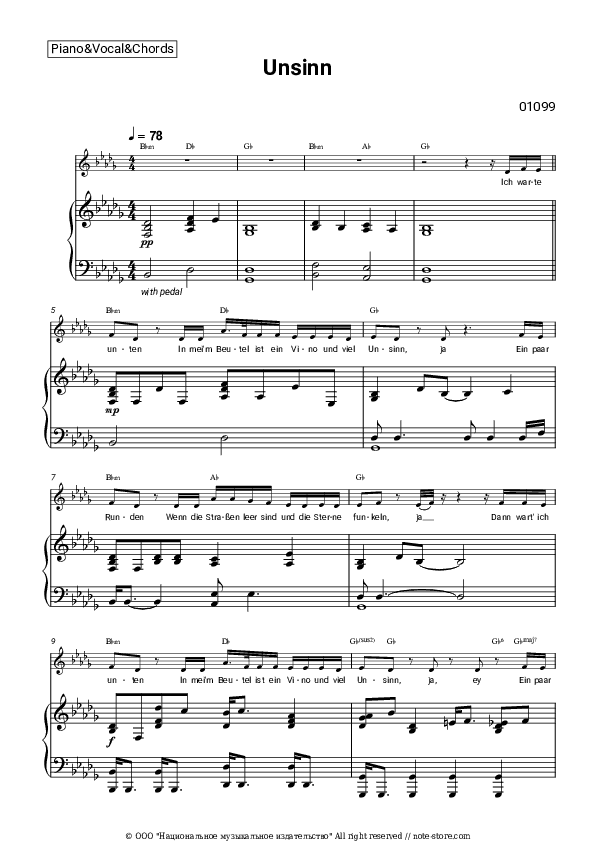 Unsinn - 01099 Piano Sheet Music with the Vocal and Chords - Piano&Vocal&Chords