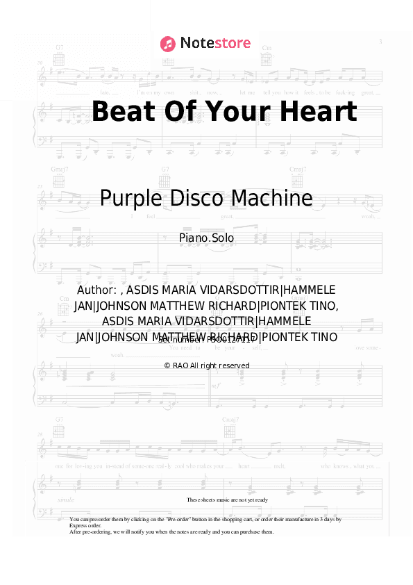 Beat Of Your Heart - Purple Disco Machine, ASDÍS Piano Sheet Music - Piano.Solo