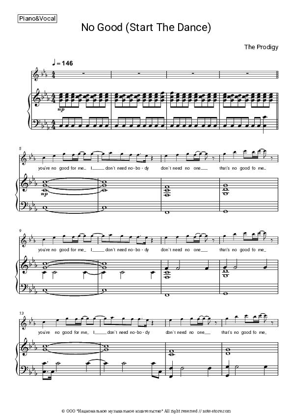 No Good (Start The Dance) - The Prodigy Piano Sheet Music with the Voice part - Piano&Vocal