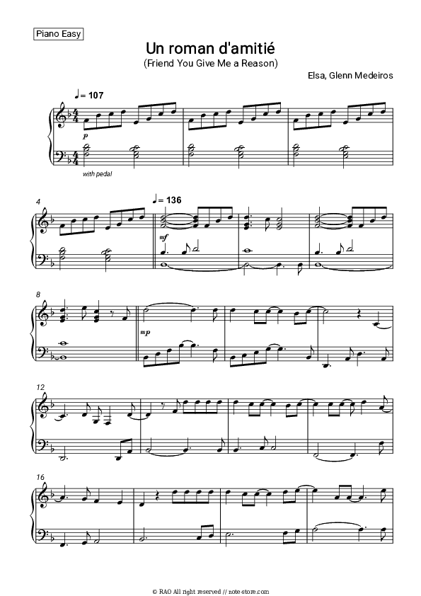 Un roman d'amitié (Friend You Give Me a Reason) - Elsa, Glenn Medeiros Piano Sheet Music Easy - Piano.Easy