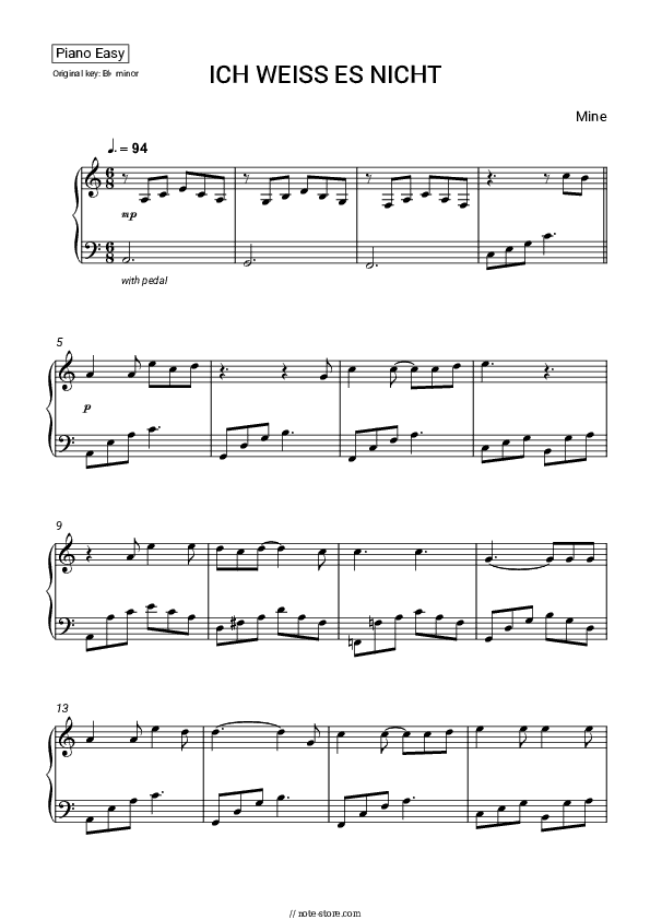 ICH WEISS ES NICHT - Mine Piano Sheet Music Easy - Piano.Easy