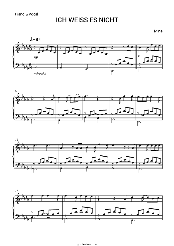 ICH WEISS ES NICHT - Mine Piano Sheet Music - Piano.Solo