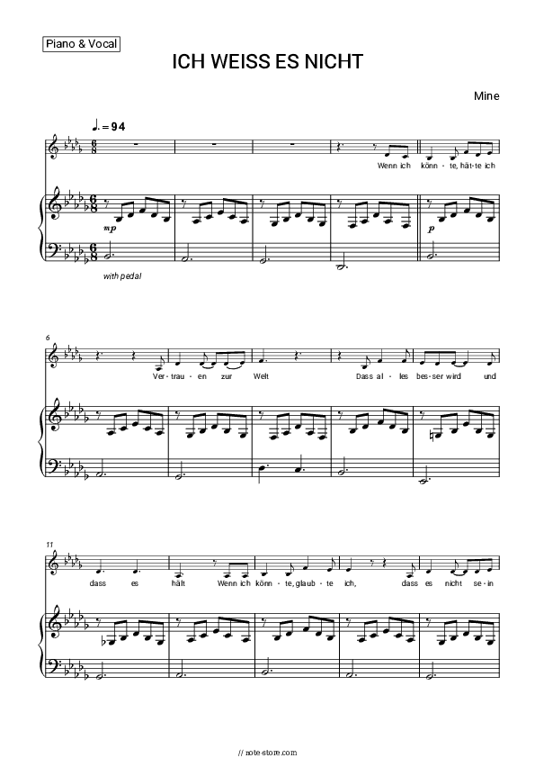 ICH WEISS ES NICHT - Mine Piano Sheet Music with the Voice part - Piano&Vocal