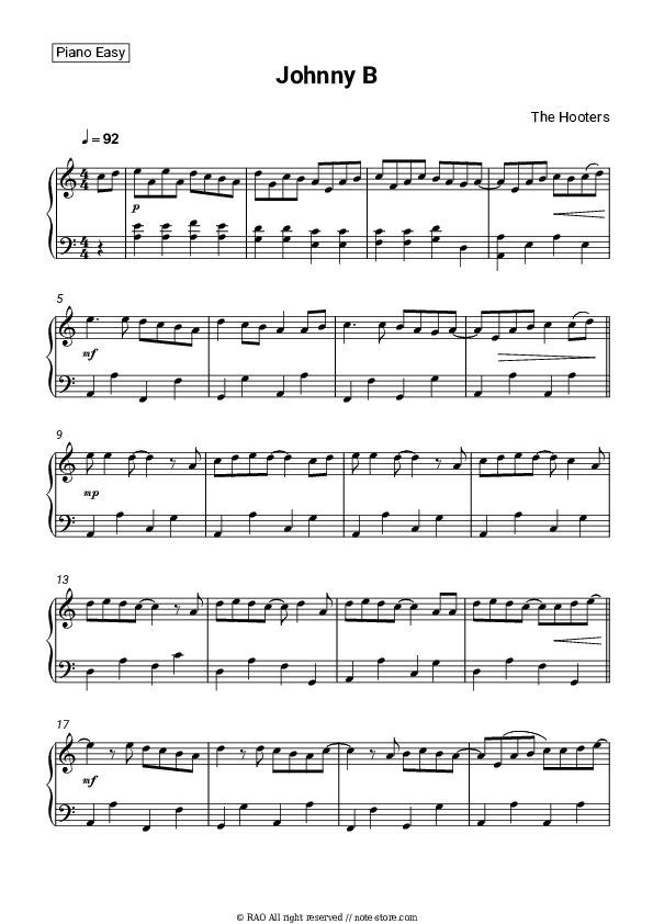 Johnny B - The Hooters Piano Sheet Music Easy - Piano.Easy