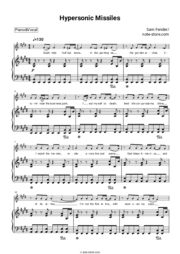 Hypersonic Missiles - Sam Fender Piano Sheet Music with the Voice part - Piano&Vocal