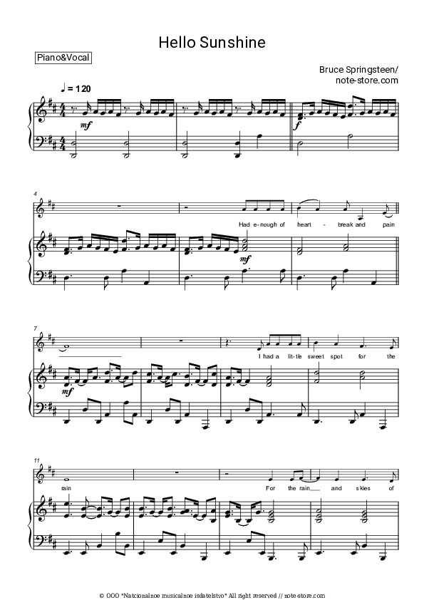 Hello Sunshine - Bruce Springsteen Piano Sheet Music with the Voice part - Piano&Vocal