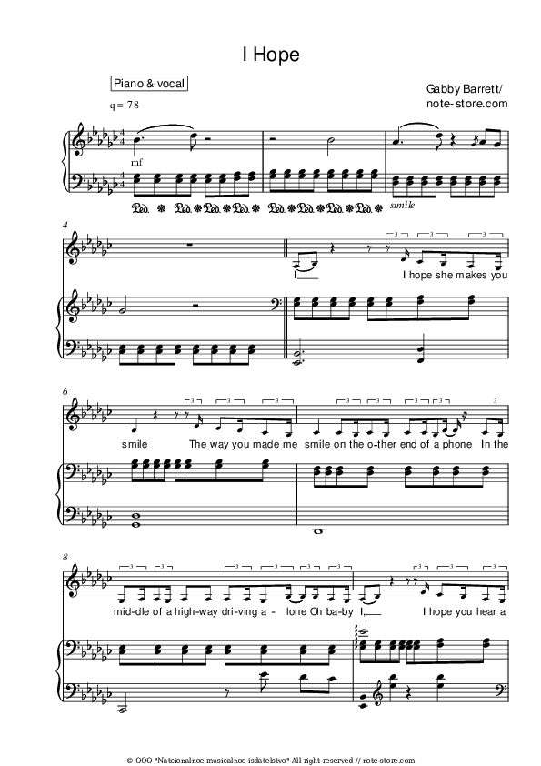 I Hope - Gabby Barrett Piano Sheet Music with the Voice part - Piano&Vocal