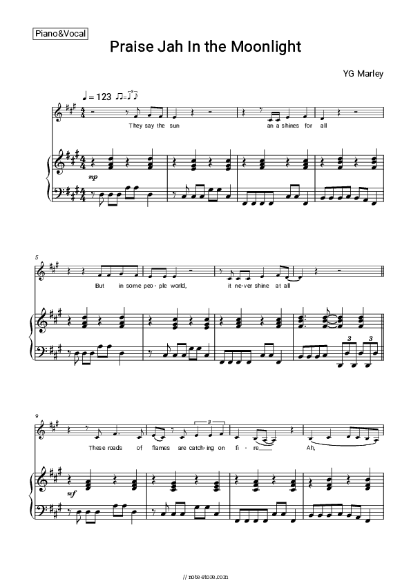 Praise Jah In the Moonlight - YG Marley Piano Sheet Music with the Voice part - Piano&Vocal