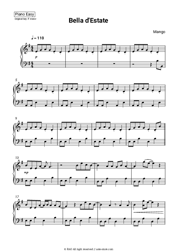 Bella d'Estate - Mango Piano Sheet Music Easy - Piano.Easy