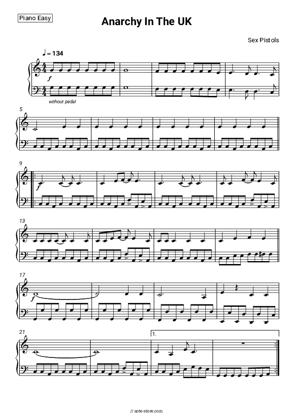 Anarchy In The UK - Sex Pistols Piano Sheet Music Easy - Piano.Easy