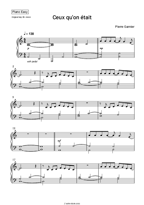 Ceux qu'on était - Pierre Garnier Piano Sheet Music Easy - Piano.Easy