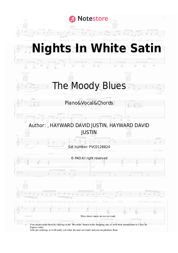 Nights In White Satin - The Moody Blues Piano Sheet Music with the Vocal and Chords - Piano&Vocal&Chords