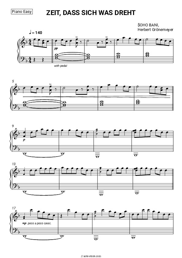 ZEIT, DASS SICH WAS DREHT - $OHO BANI, Herbert Grönemeyer Piano Sheet Music Easy - Piano.Easy