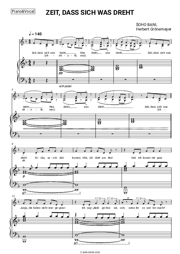 ZEIT, DASS SICH WAS DREHT - $OHO BANI, Herbert Grönemeyer Piano Sheet Music with the Voice part - Piano&Vocal