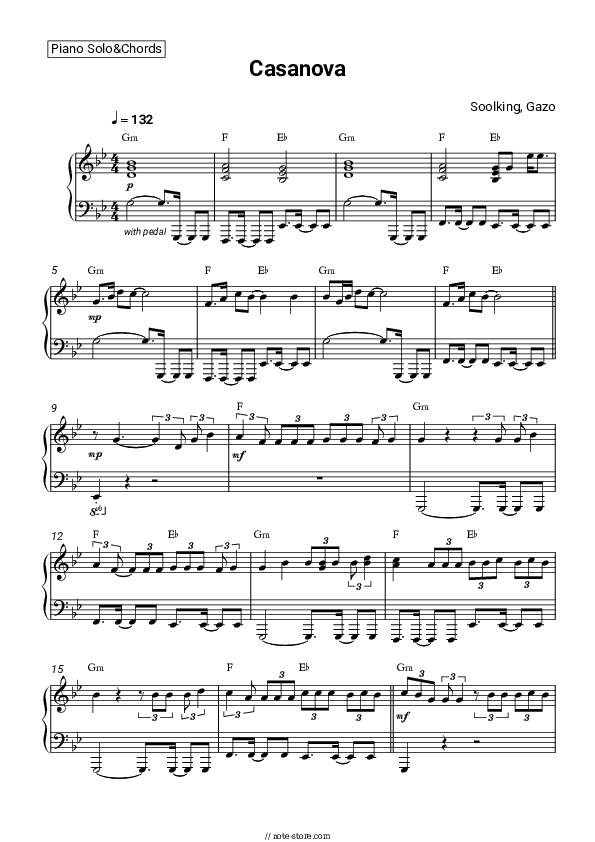 Casanova - Soolking, Gazo Piano Sheet Music and Chords - Piano.Solo&Chords