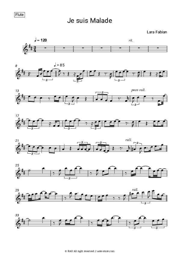 Je suis Malade - Lara Fabian Flute Sheet Music - Flute