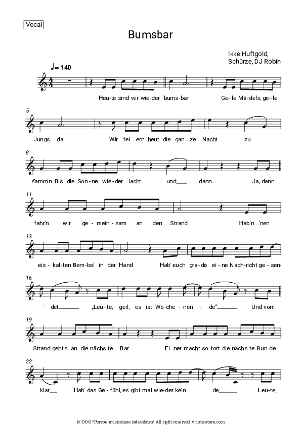 Bumsbar - Ikke Huftgold, Schürze, DJ Robin Vocal Sheet Music - Vocal