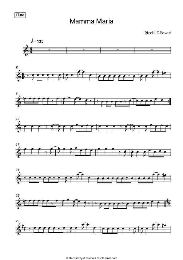 Mamma Maria - Ricchi e Poveri Flute Sheet Music - Flute