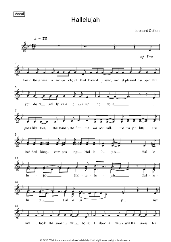 Hallelujah - Leonard Cohen Vocal Sheet Music - Vocal