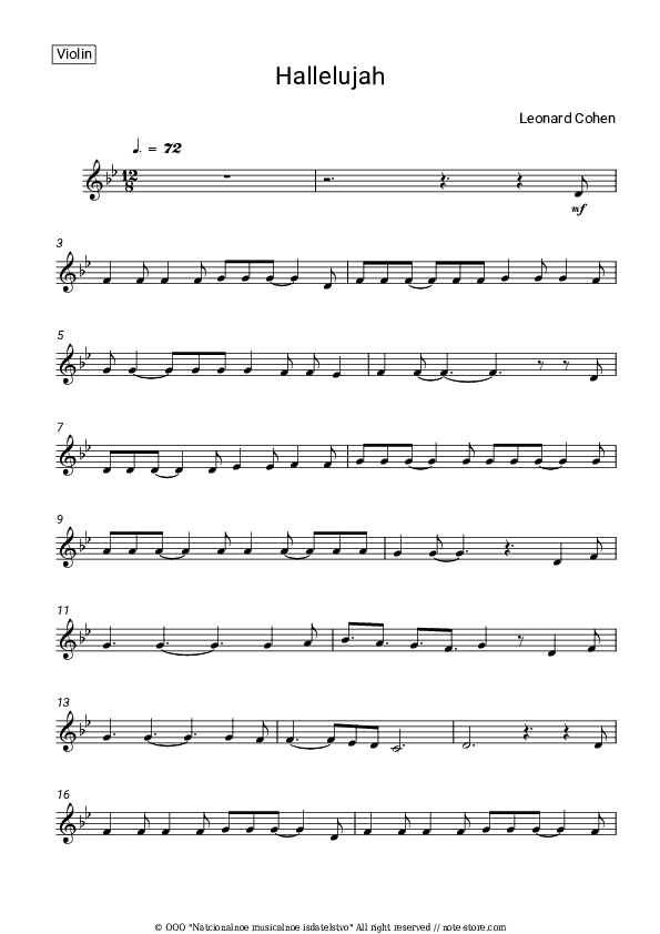 Hallelujah - Leonard Cohen Violin Sheet Music - Violin