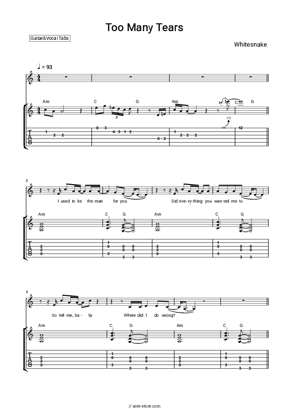 Too Many Tears - Whitesnake Chords and Voice - Guitar&Vocal.Tab