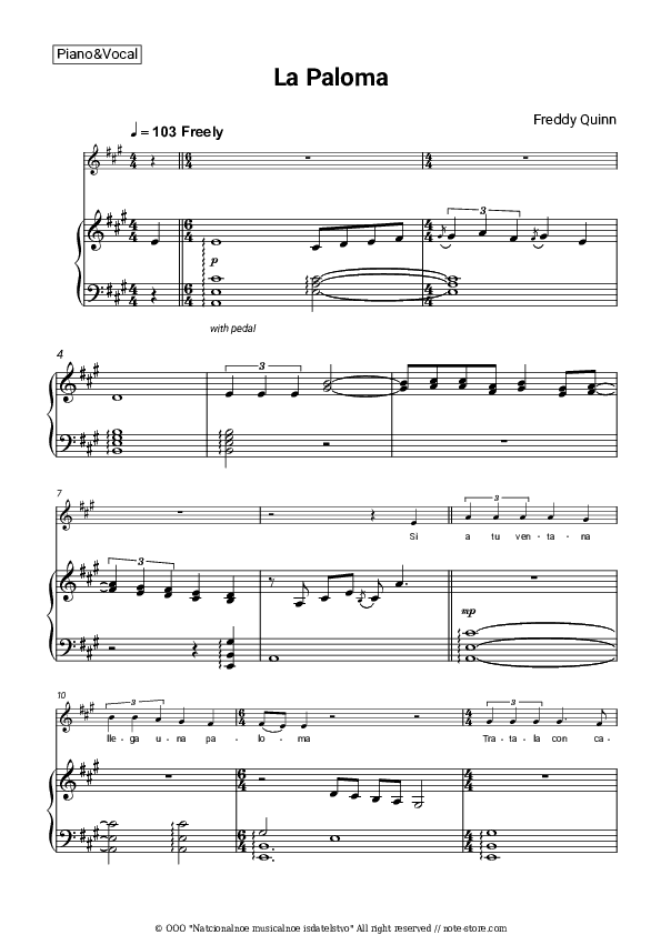 La Paloma - Freddy Quinn Piano Sheet Music with the Voice part - Piano&Vocal