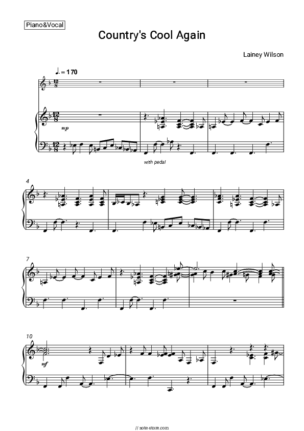 Country's Cool Again - Lainey Wilson Piano Sheet Music with the Voice part - Piano&Vocal