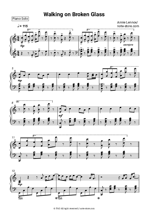 Walking on Broken Glass - Annie Lennox Piano Sheet Music - Piano.Solo