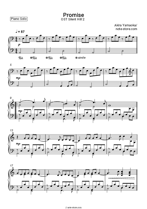 Promise (From Silent Hill 2) - Akira Yamaoka Piano Sheet Music - Piano.Solo