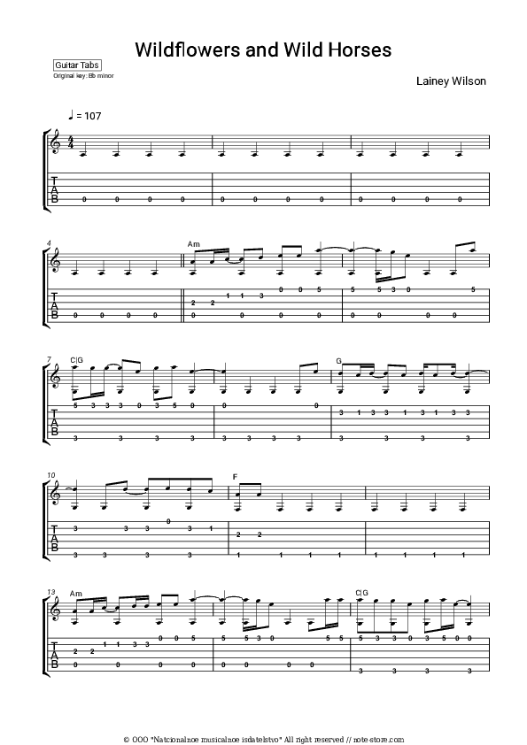 Wildflowers and Wild Horses - Lainey Wilson Tabs Easy - Guitar.Tab.Easy