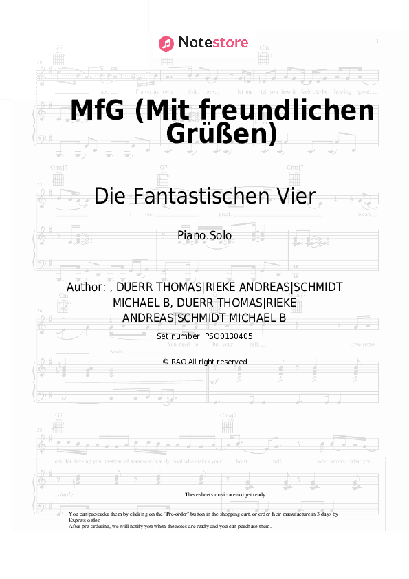 MfG (Mit freundlichen Grüßen) - Die Fantastischen Vier Piano Sheet Music - Piano.Solo