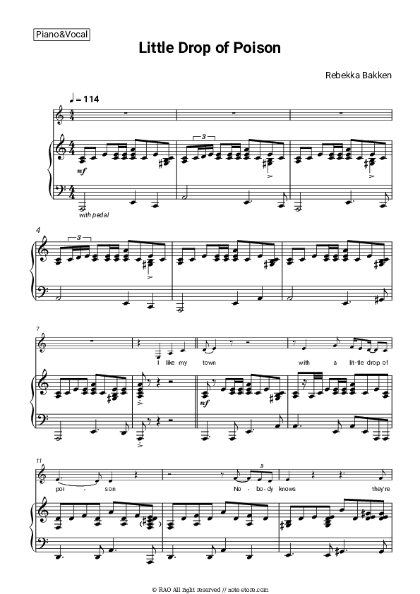 Little Drop of Poison - Rebekka Bakken Piano Sheet Music with the Voice part - Piano&Vocal