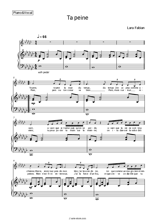 Ta peine - Lara Fabian Piano Sheet Music with the Voice part - Piano&Vocal