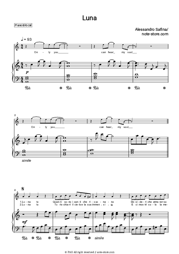 Luna - Alessandro Safina Piano Sheet Music with the Voice part - Piano&Vocal