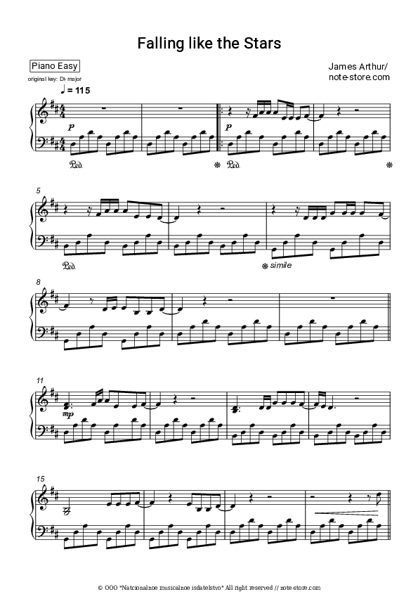 Falling like the Stars - James Arthur Piano Sheet Music Easy - Piano.Easy