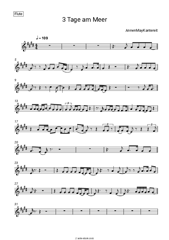 3 Tage am Meer - AnnenMayKantereit Flute Sheet Music - Flute