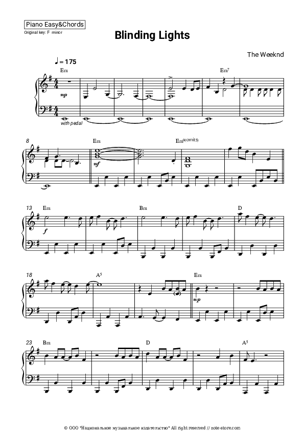 Blinding Lights - The Weeknd Sheet Music Easy and Chords - Piano.Easy&Chords