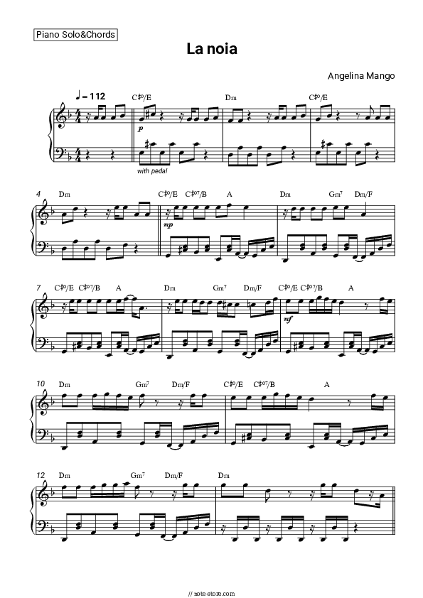 La noia - Angelina Mango Piano Sheet Music and Chords - Piano.Solo&Chords