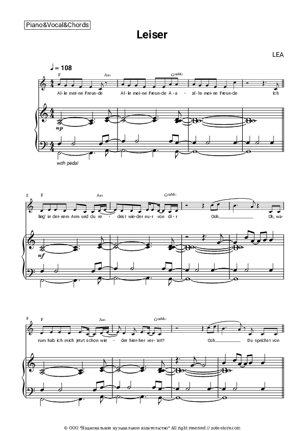 Leiser - LEA Piano Sheet Music with the Vocal and Chords - Piano&Vocal&Chords