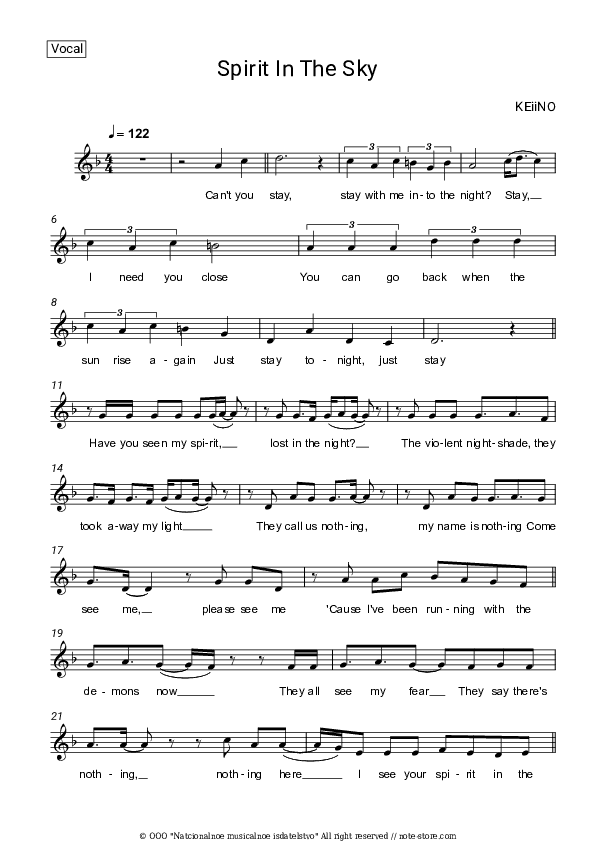 Spirit in the Sky - KEiiNO Vocal Sheet Music - Vocal