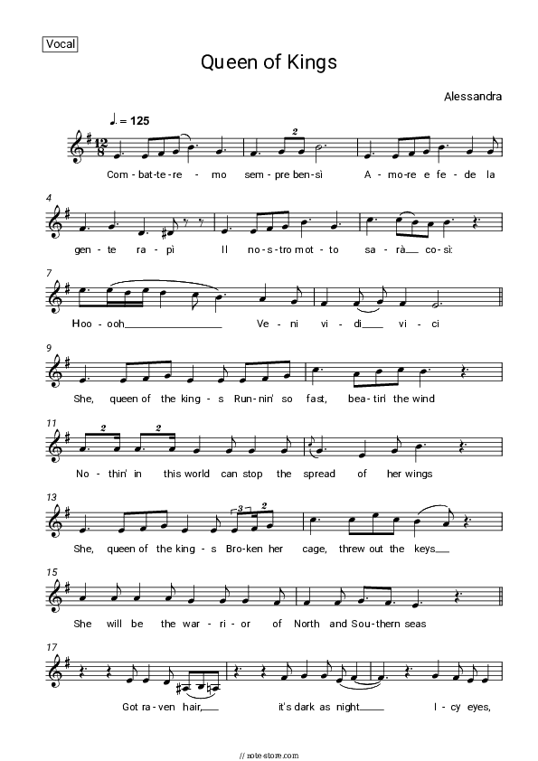 Queen of Kings - Alessandra Vocal Sheet Music - Vocal