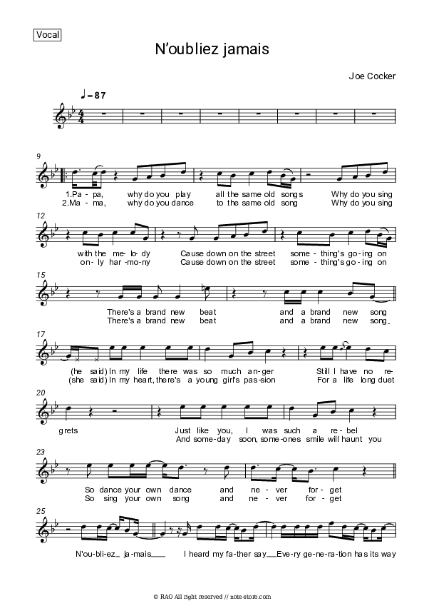 N’oubliez jamais - Joe Cocker Vocal Sheet Music - Vocal