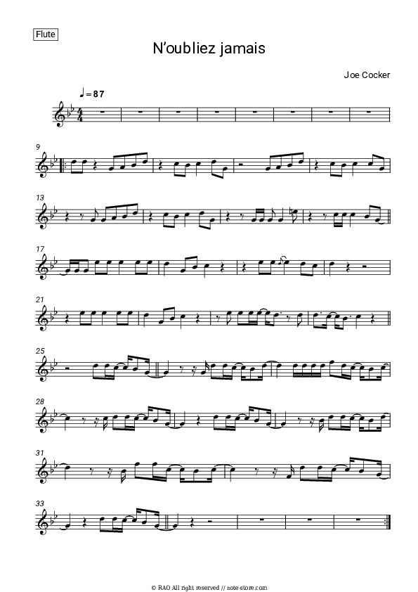 N’oubliez jamais - Joe Cocker Flute Sheet Music - Flute