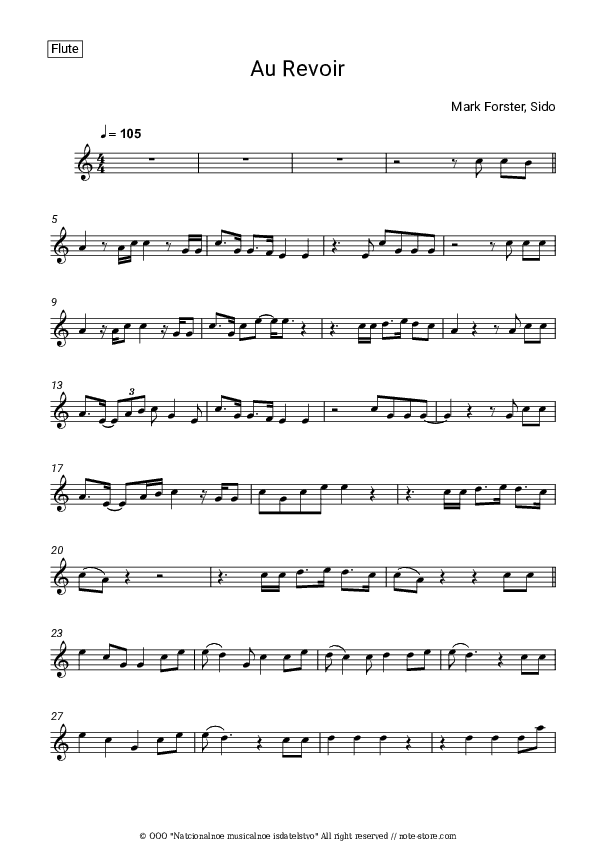 Au Revoir - Mark Forster, Sido Flute Sheet Music - Flute