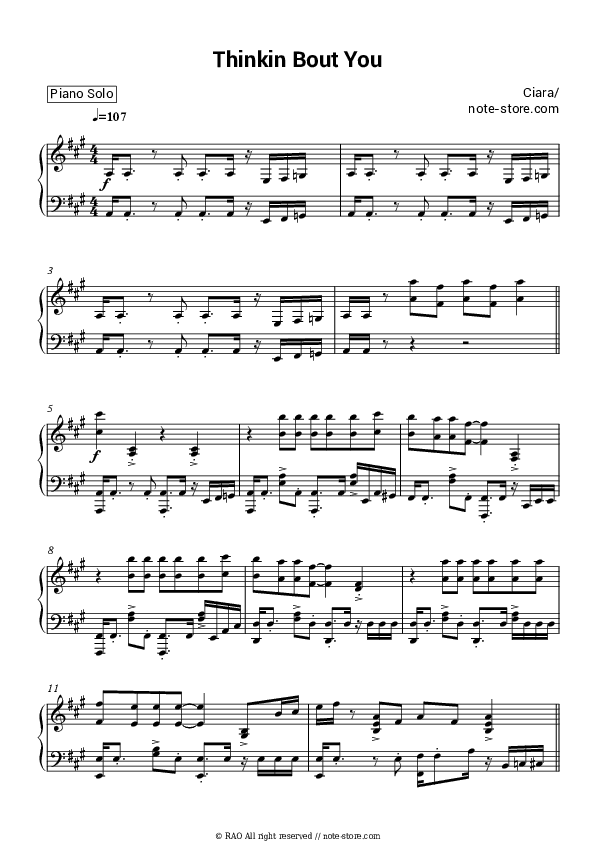 Thinkin Bout You - Ciara Piano Sheet Music - Piano.Solo