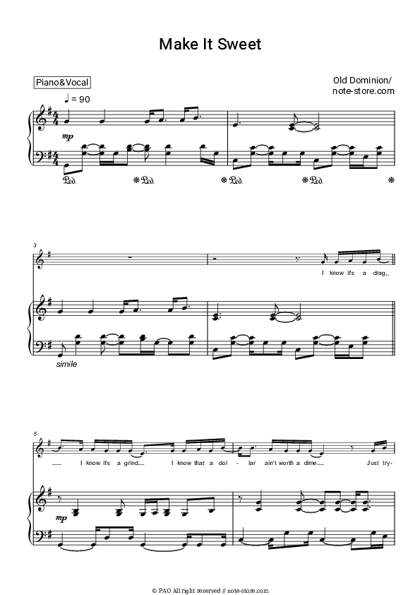 Make It Sweet - Old Dominion Piano Sheet Music with the Voice part - Piano&Vocal