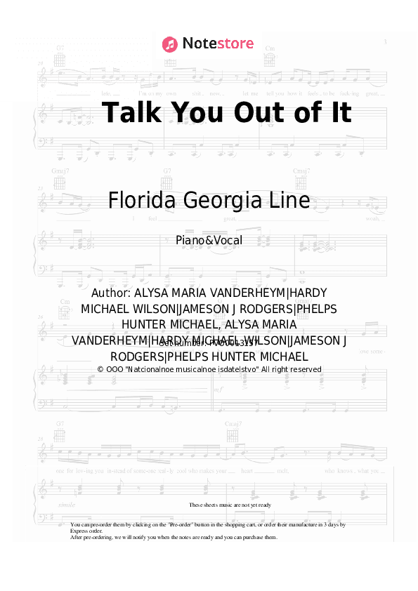 Talk You Out of It - Florida Georgia Line Piano Sheet Music with the Voice part - Piano&Vocal