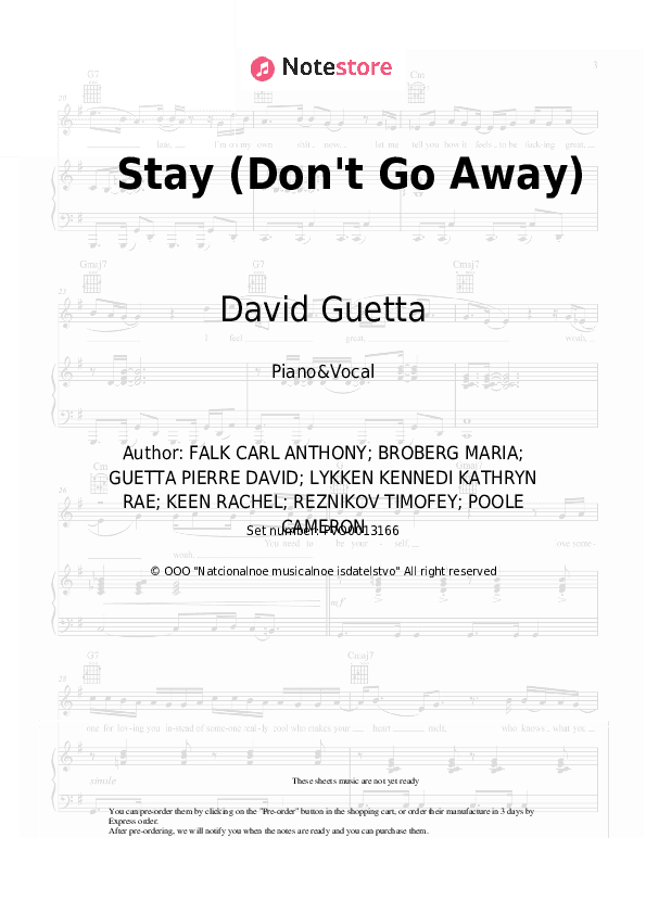 Stay (Don't Go Away) - David Guetta, Raye Piano Sheet Music with the Voice part - Piano&Vocal